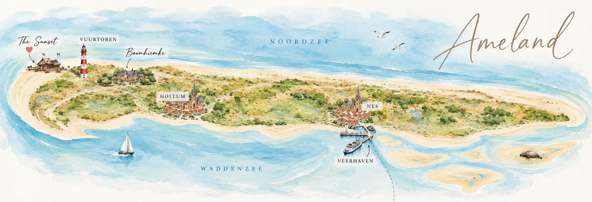 Getekende kaart van Ameland met The Sunset, de vuurtoren, Boomhiemke, Hollum, Nes en de veerhaven waar de boot aankomt.