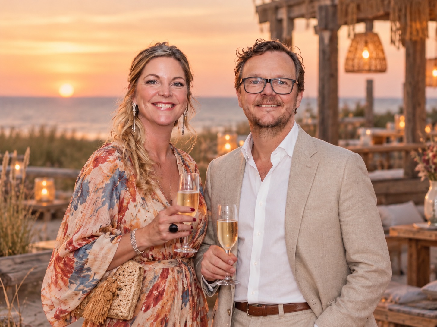 Evelien in een zomerse jurk en Addy in een linnen colbert proosten bij zonsondergang aan het strand